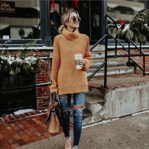 Bohemian Mustard Tan Knit Turtleneck Cozy Pullover Rib Winter Trendy Sweater - Picture 2 of 8